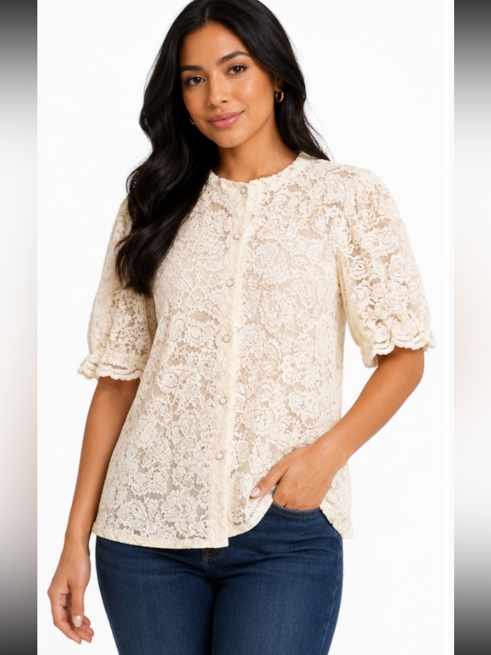 PrettyGarden Cream Floral Lace Blouse Puff Sleeve Top NWT